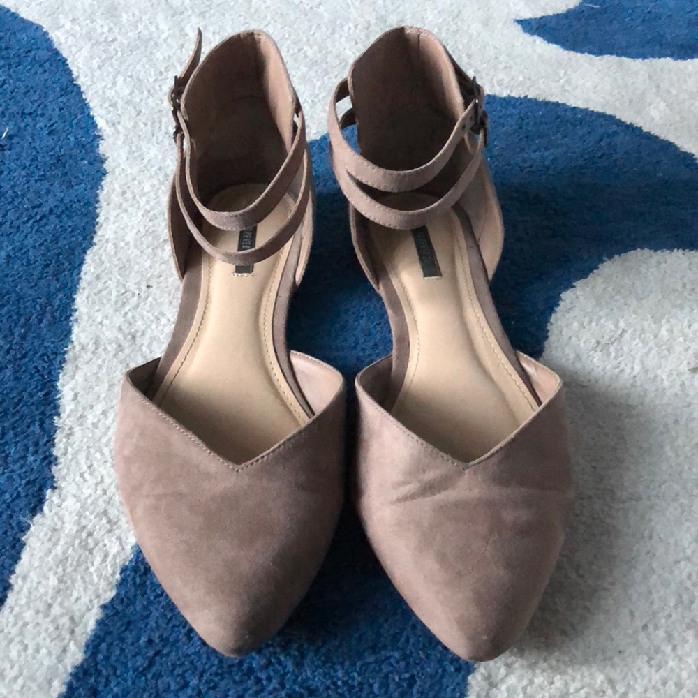 Tan pointed toe flats with ankle straps